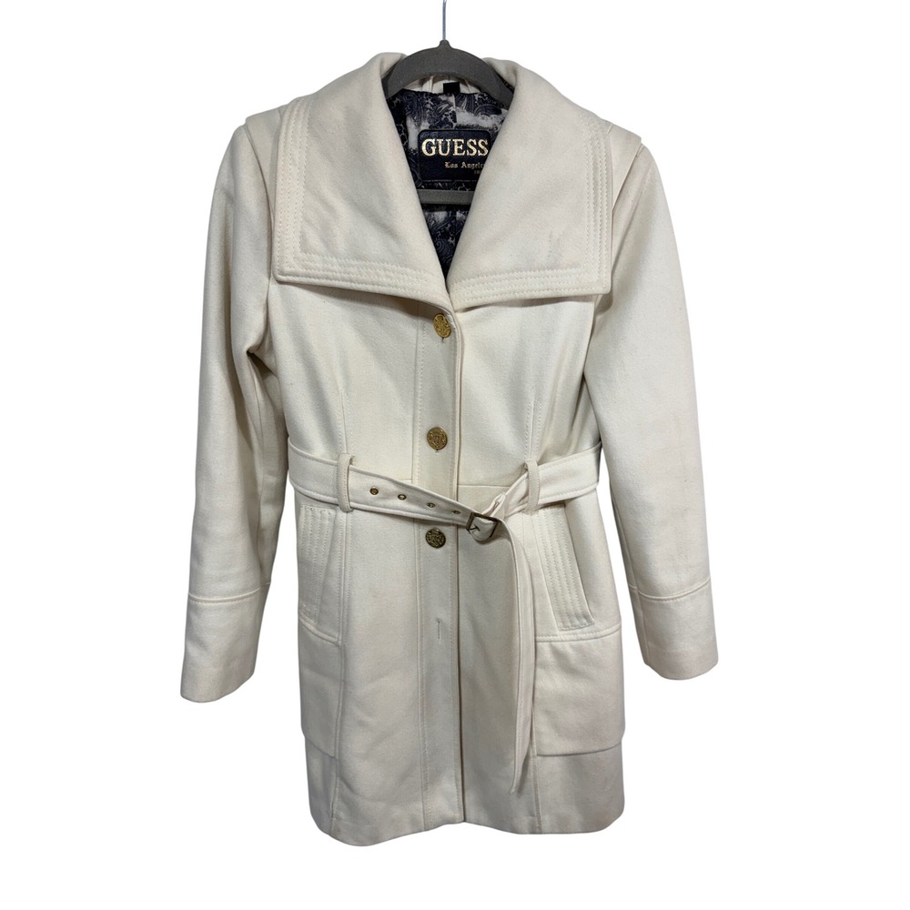 GUESS Coat Belted Wool Blend Pea Coat Women's M Cream Classic Winter Read
